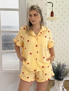 CottageSlumber Pink Heart Print Ruffle Collar Button-Up Short Sleeve Shorts Pajama Set Plus Size - Yellow - View 6