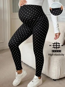 SHEIN Women's Maternity Polka-Dot High-Waisted Leggings With Adjustable Waistband – Casual Autumn Style - Black - View 3