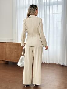 Easowa Metal Button Cinched Waist Blazer And Wide Leg Suit Pants Set, Casual Relaxed Elegant Commute Old Money Style Autumn/Winter Women's Suit Set - Red and White - View 6