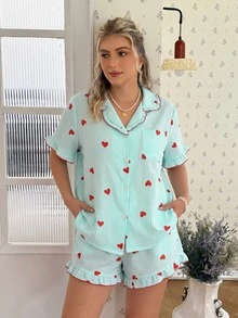 CottageSlumber Pink Heart Print Ruffle Collar Button-Down Short Sleeve Shorts Pajama Set Plus Size - Green - View 6
