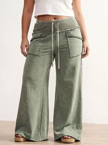 SHEIN Tall CURVE Plus Size Casual Washed Wide Leg Pants - Green - View 6