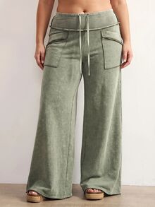 SHEIN Tall CURVE Plus Size Casual Washed Wide Leg Pants - Green - View 8