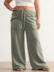 SHEIN Tall CURVE Plus Size Casual Washed Wide Leg Pants - Green - View 7