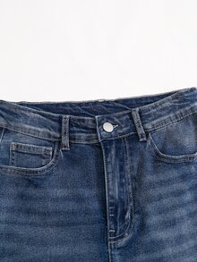 SHEIN 青少年街頭風 Y2K 時尚低腰寬鬆喇叭牛仔褲，海軍藍水洗做舊彈性牛仔長褲，酷感休閒百搭，適合舞會與夏季 - 中等水洗藍 - 查看 6