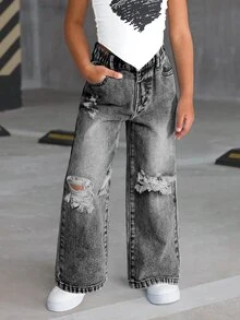 SHEIN 女童 2025 夏季新款 寬鬆 Y2K 牛仔破洞復古淺藍色牛仔褲 百搭街頭風 時尚直筒休閒做舊 - 淺灰色 - 查看 7