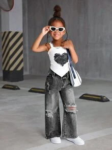 SHEIN 女童 2025 夏季新款 寬鬆 Y2K 牛仔破洞復古淺藍色牛仔褲 百搭街頭風 時尚直筒休閒做舊 - 淺灰色 - 查看 6