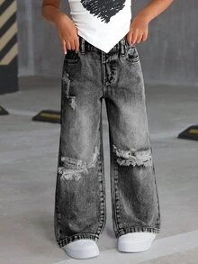 SHEIN 女童 2025 夏季新款 寬鬆 Y2K 牛仔破洞復古淺藍色牛仔褲 百搭街頭風 時尚直筒休閒做舊 - 淺灰色 - 查看 4