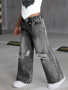 SHEIN 女童 2025 夏季新款 寬鬆 Y2K 牛仔破洞復古淺藍色牛仔褲 百搭街頭風 時尚直筒休閒做舊 - 淺灰色 - 查看 5