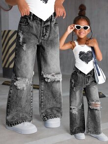 SHEIN 女童 2025 夏季新款 寬鬆 Y2K 牛仔破洞復古淺藍色牛仔褲 百搭街頭風 時尚直筒休閒做舊 - 淺灰色 - 查看 1