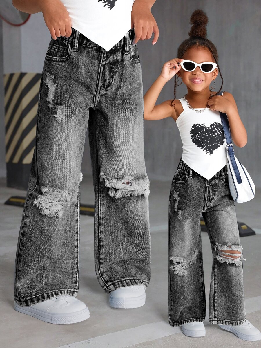 SHEIN 女童 2025 夏季新款 寬鬆 Y2K 牛仔破洞復古淺藍色牛仔褲 百搭街頭風 時尚直筒休閒做舊 - 淺灰色 - 查看 1