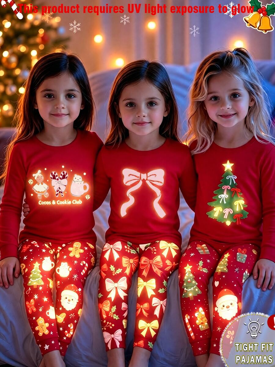 Young Girls Pajamas New Hot-Selling UV Light Glow-In-The-Dark Bow & Combination Pattern Red Round Neck High-Elastic Top With All-Over Print Long Pants 2 Pieces Set, Snug Fit, Autumn/Winter Loungewear, 1 Set - Multicolor - View 1