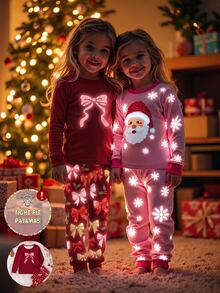 Young Girls Pajamas New Hot-Selling UV Light Glow-In-The-Dark Bow & Combination Pattern Red Round Neck High-Elastic Top With All-Over Print Long Pants 2 Pieces Set, Snug Fit, Autumn/Winter Loungewear, 1 Set - Multicolor - View 6