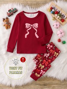Young Girls Pajamas New Hot-Selling UV Light Glow-In-The-Dark Bow & Combination Pattern Red Round Neck High-Elastic Top With All-Over Print Long Pants 2 Pieces Set, Snug Fit, Autumn/Winter Loungewear, 1 Set - Multicolor - View 5
