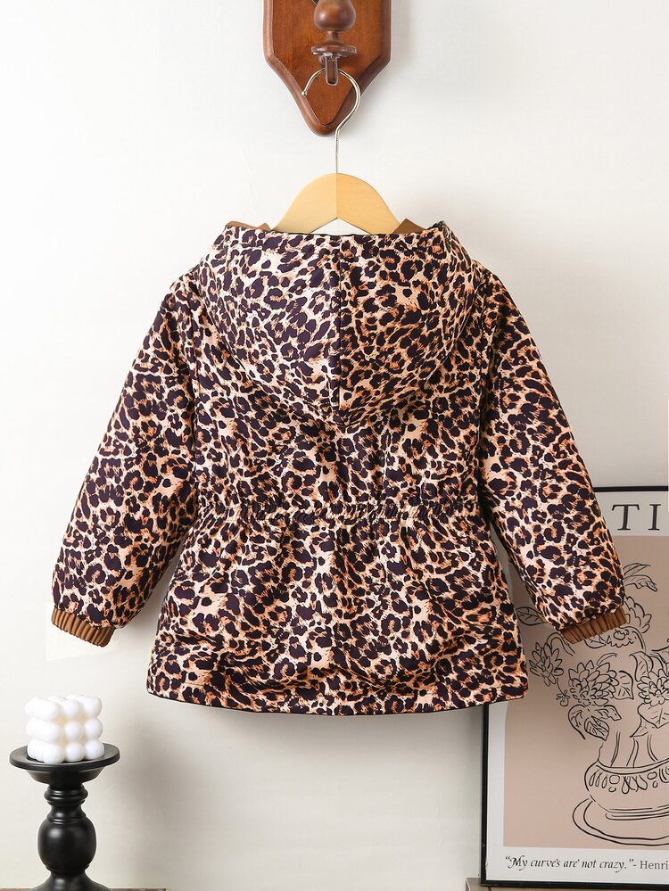 SHEIN 1pc Young Girls Solid Color Leopard Print Minimalist Waist-Cinching Design Casual Hooded Jacket, Suitable For Autumn And Winter Wear, Perfect For School, Outdoor Activities, Family Gatherings, Providing Warmth And Comfort - Brown - View 6