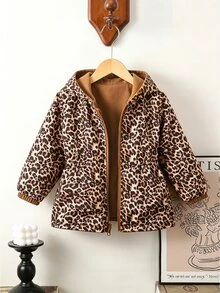SHEIN 1件少女純色豹紋簡約收腰設計休閒連帽外套，適合秋冬穿著，完美適用於學校、戶外活動、家庭聚會，提供保暖舒適 - 棕色 - 查看 5