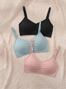 SHEIN MOD 3 件套无钢圈纯色褶皱吊带背心文胸套装 - 彩色 - 查看 6
