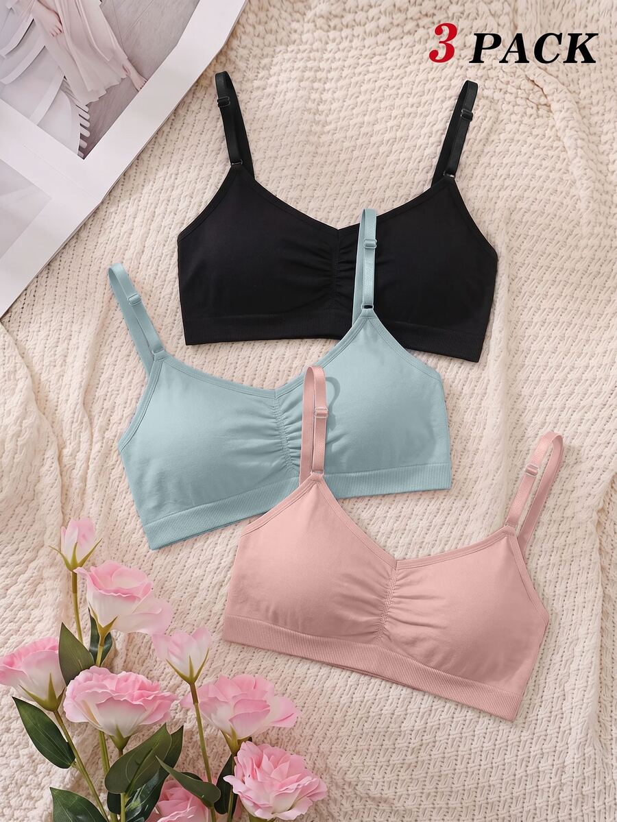 SHEIN MOD 3 件套无钢圈纯色褶皱吊带背心文胸套装 - 彩色 - 查看 1