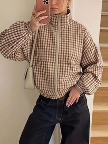 SHEIN EZwear 秋季女款標準版格紋梭織夾克，棕色與白色，休閒街頭風，復古 90 年代街頭穿搭，適合返校學生、夜間、教師、旅行 - 咖啡棕 - 查看 14
