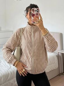 SHEIN EZwear 秋季女款標準版格紋梭織夾克，棕色與白色，休閒街頭風，復古 90 年代街頭穿搭，適合返校學生、夜間、教師、旅行 - 咖啡棕 - 查看 11