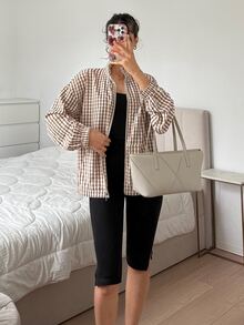 SHEIN EZwear 秋季女款標準版格紋梭織夾克，棕色與白色，休閒街頭風，復古 90 年代街頭穿搭，適合返校學生、夜間、教師、旅行 - 咖啡棕 - 查看 5