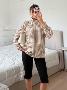 SHEIN EZwear 秋季女款標準版格紋梭織夾克，棕色與白色，休閒街頭風，復古 90 年代街頭穿搭，適合返校學生、夜間、教師、旅行 - 咖啡棕 - 查看 8