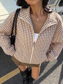 SHEIN EZwear 秋季女款標準版格紋梭織夾克，棕色與白色，休閒街頭風，復古 90 年代街頭穿搭，適合返校學生、夜間、教師、旅行 - 咖啡棕 - 查看 2