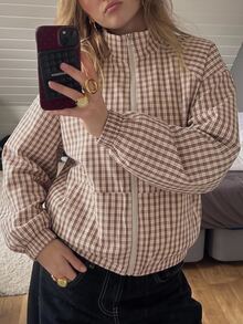 SHEIN EZwear 秋季女款標準版格紋梭織夾克，棕色與白色，休閒街頭風，復古 90 年代街頭穿搭，適合返校學生、夜間、教師、旅行 - 咖啡棕 - 查看 10