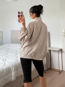 SHEIN EZwear 秋季女款標準版格紋梭織夾克，棕色與白色，休閒街頭風，復古 90 年代街頭穿搭，適合返校學生、夜間、教師、旅行 - 咖啡棕 - 查看 3