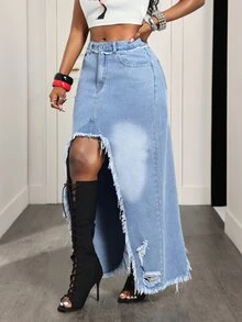 BamGleam Rok Denim Wanita Gaya Jalanan Sepanjang Musim, Belahan Tinggi, Berlapis, Bertekstur Sobek, Asimetris, dengan Banyak Kantong dan Jumbai - Medium Wash - View 3