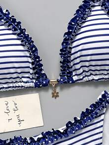 Swim Mod Women's Spring/Summer New Small Checkered Ruffle V-Neck Halter Backless Triangle Wrap String Bikini Swimwear 2 Pieces Set - Multicolor - View 5