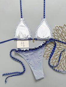 Swim Mod Women's Spring/Summer New Small Checkered Ruffle V-Neck Halter Backless Triangle Wrap String Bikini Swimwear 2 Pieces Set - Multicolor - View 4