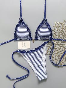 Swim Mod Women's Spring/Summer New Small Checkered Ruffle V-Neck Halter Backless Triangle Wrap String Bikini Swimwear 2 Pieces Set - Multicolor - View 2