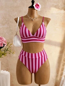 Swim Vcay Women's Summer Beach Striped Sexy Fashion Bikini Two-Piece Swimwear Set - Multicolor - View 6