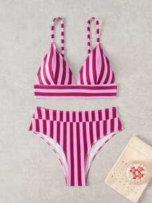 Swim Vcay Women's Summer Beach Striped Sexy Fashion Bikini Two-Piece Swimwear Set - Multicolor - View 4