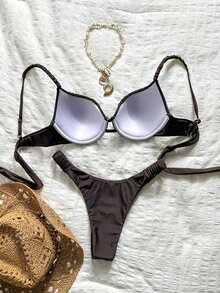 Bonvoyette Conjunto de bikini sexy con tirantes finos, soporte de acero y copas rígidas con fruncido - Marrón - Ver 3