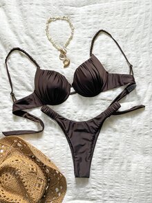 Bonvoyette Conjunto de bikini sexy con tirantes finos, soporte de acero y copas rígidas con fruncido - Marrón - Ver 2