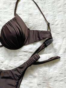 Bonvoyette Conjunto de bikini sexy con tirantes finos, soporte de acero y copas rígidas con fruncido - Marrón - Ver 5