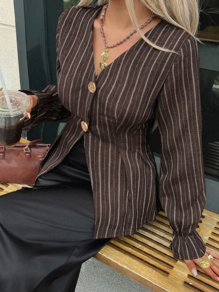 Dazy Plus V-Neck Fitted Striped Bell Sleeve Blazer, Casual Chic Commuter Style, Spring/Autumn New Arrival - Brown - View 1