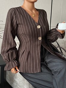 Dazy Plus V-Neck Fitted Striped Bell Sleeve Blazer, Casual Chic Commuter Style, Spring/Autumn New Arrival - Brown - View 6