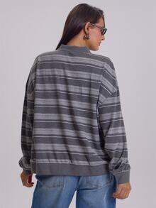 MUSERA Plus Size Grey Stripe Polo Long Sleeve Top Winter Fall Womens Outfit Casual - Grey - View 4