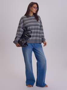 MUSERA Plus Size Grey Stripe Polo Long Sleeve Top Winter Fall Womens Outfit Casual - Grey - View 2