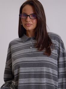 MUSERA Plus Size Grey Stripe Polo Long Sleeve Top Winter Fall Womens Outfit Casual - Grey - View 5