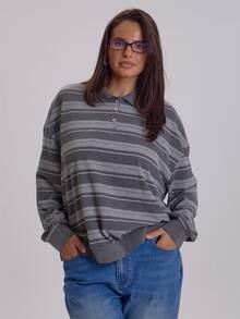 MUSERA Plus Size Grey Stripe Polo Long Sleeve Top Winter Fall Womens Outfit Casual - Grey - View 3