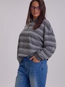 MUSERA Plus Size Grey Stripe Polo Long Sleeve Top Winter Fall Womens Outfit Casual - Grey - View 1