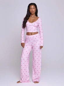 MUSERA Atasan Crop Top Lengan Panjang Motif Hati Leher V, Pakaian Dalam Santai, Lingerie, Pakaian Dasar Sehari-hari, Pakaian Malam Penting - MultiWarna - View 4