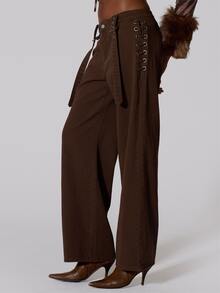 MUSERA Brown Cargo Belt Detail Wide Leg Jeans Summer Autumn Fall Winter  Going Out Festival Cool Girl Low Frequency - Coffee Brown - View 1