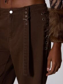 MUSERA Brown Cargo Belt Detail Wide Leg Jeans Summer Autumn Fall Winter  Going Out Festival Cool Girl Low Frequency - Coffee Brown - View 5