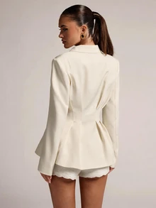 SHEIN BAE Women's Elegant Button Pleated Long Sleeve Jacket And Pocket Shorts Suit Set For Commuting And Casual Wear - White - View 2