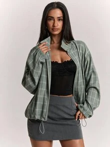 SHEIN BAE Plaid Print Drop Shoulder Drawstring Hem Jacket Everyday Travel Sage Green Autumn Casual Retro - Mint Green - View 6