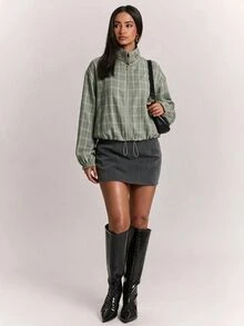 SHEIN BAE Plaid Print Drop Shoulder Drawstring Hem Jacket Everyday Travel Sage Green Autumn Casual Retro - Mint Green - View 4